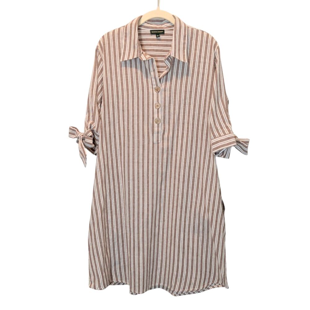 Meadow Rhodes Women's Sz 1X Tan Stripe Shirt Dress Cotton Pockets
